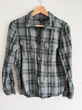 Madewell Green & Gray Plaid Half-Zip Shirt